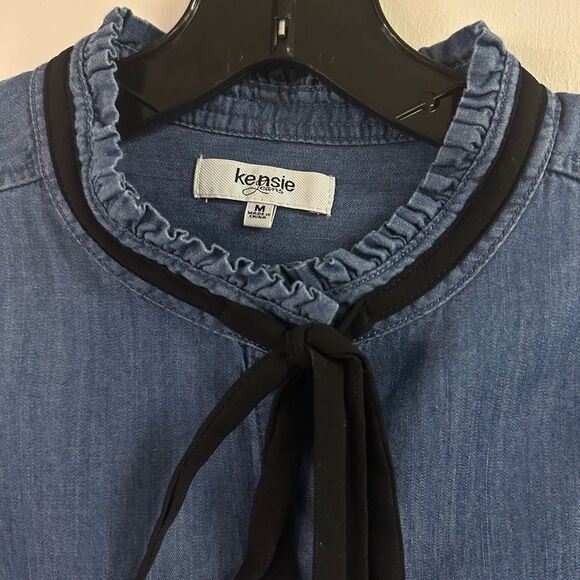 Kensie Jeans Denim Ruffle Collar & Sleeve Button Down Top Size M - Picture 3 of 5